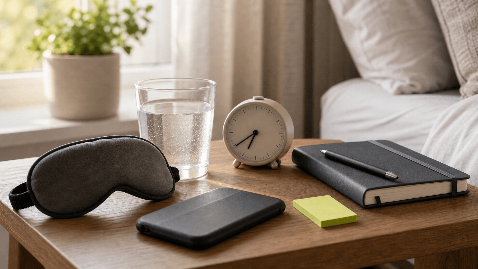 Sleep mask, water glass, clock, and journal on a calm bedroom nightstand.