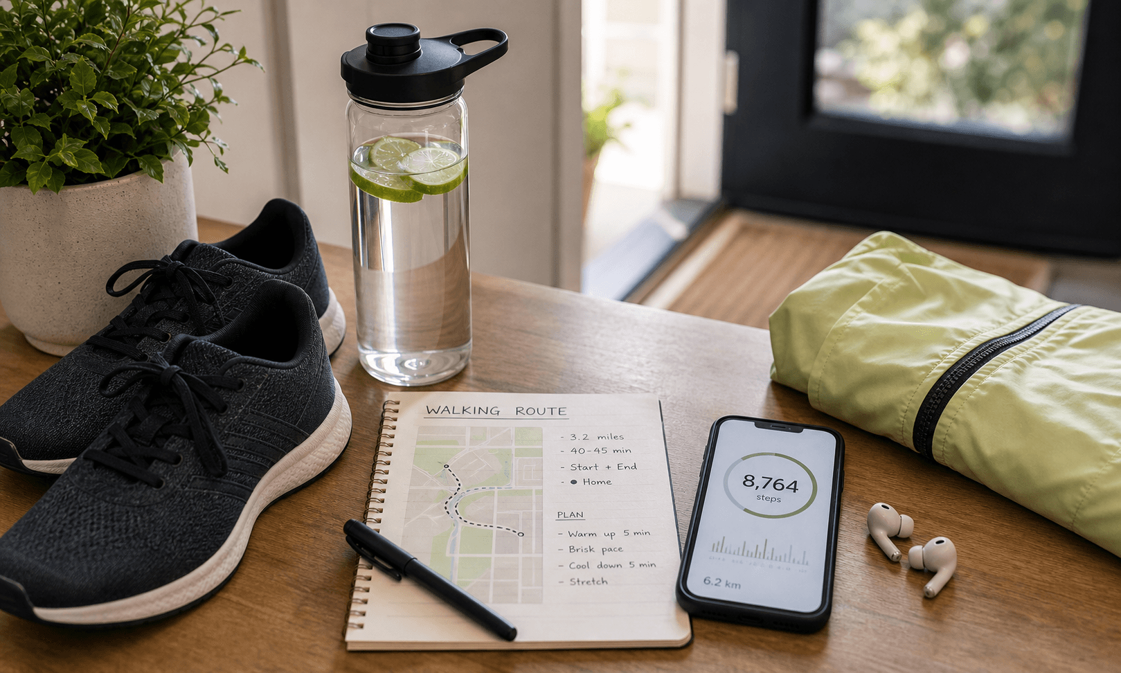 Walking shoes, water bottle, and planning notes for a realistic weight-loss walking plan.