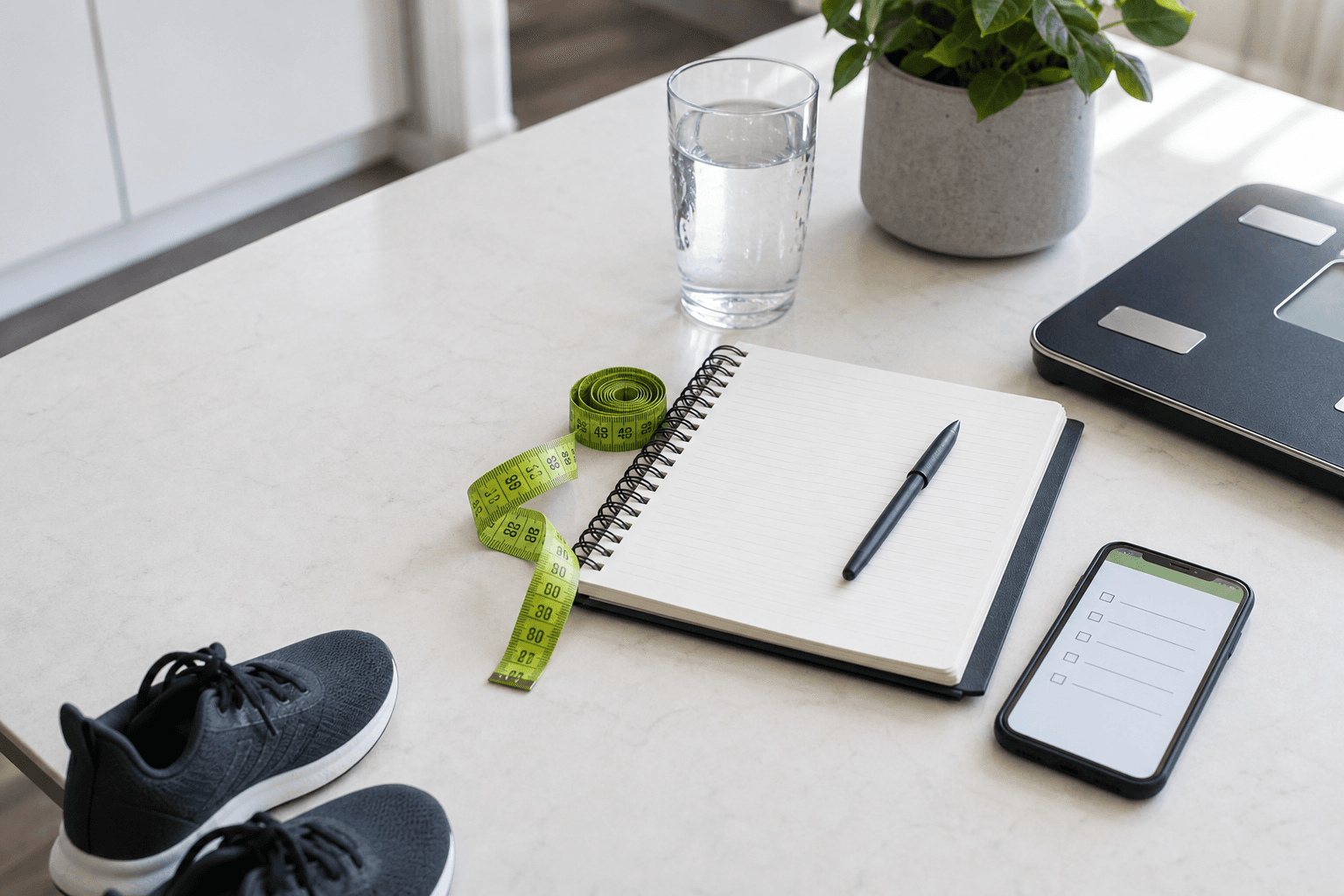 Notebook, tape measure, water glass, phone checklist, shoes, and scale on a bright countertop.