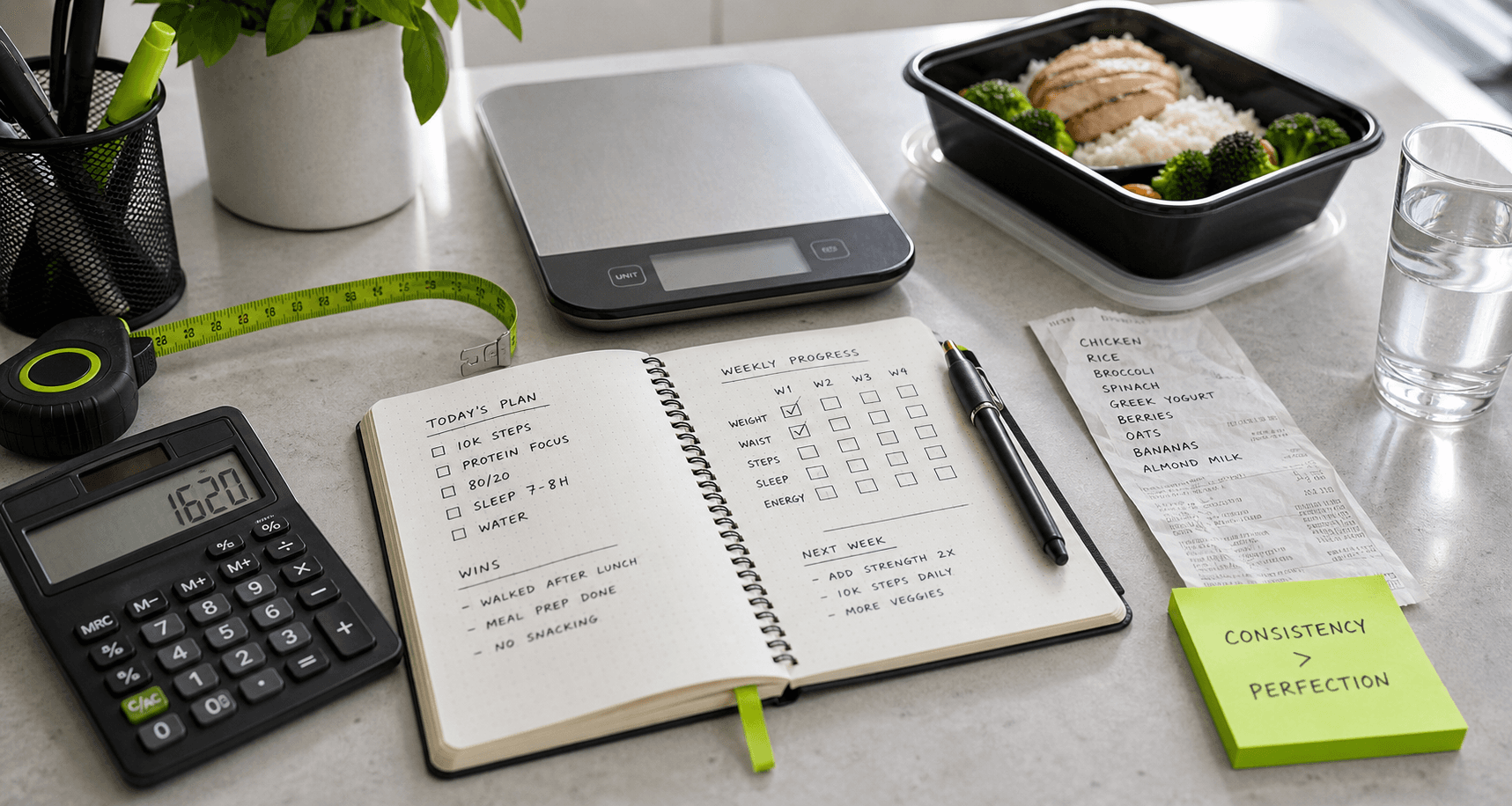 Calculator, meal-prep container, notebook, tape measure, and planning tools on a clean desk.