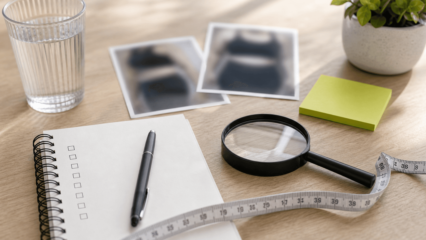Blurred photo prints, measuring tape, magnifying glass, and notes for reviewing before-and-after claims.