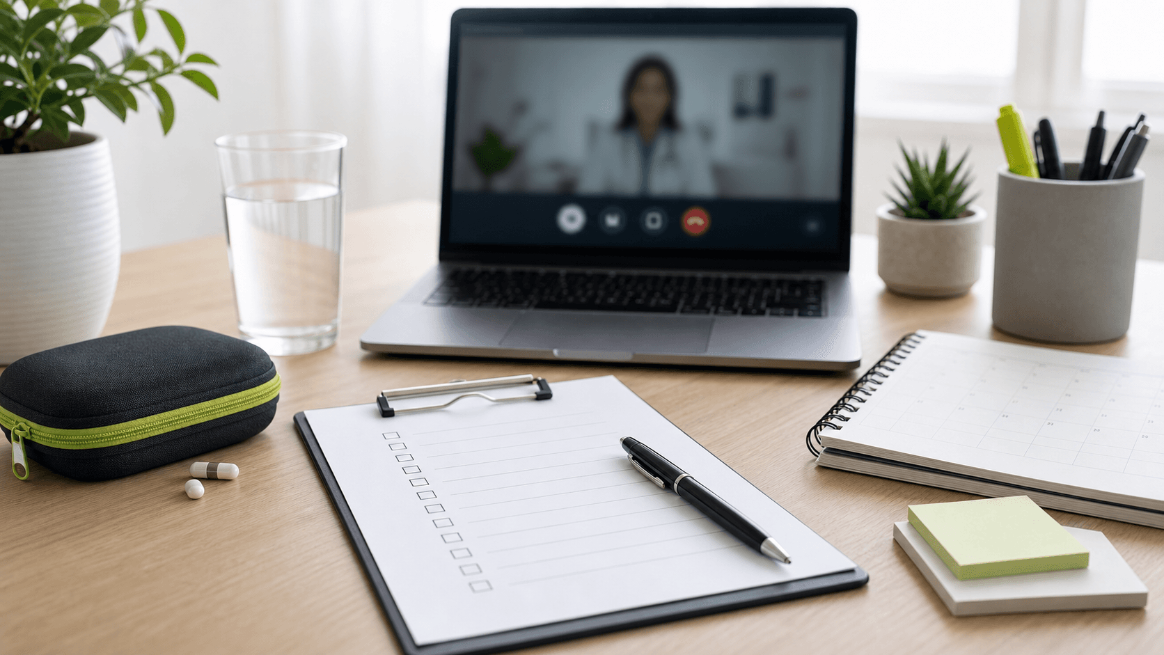 Telehealth appointment setup with laptop, checklist, water, calendar, and medication case.