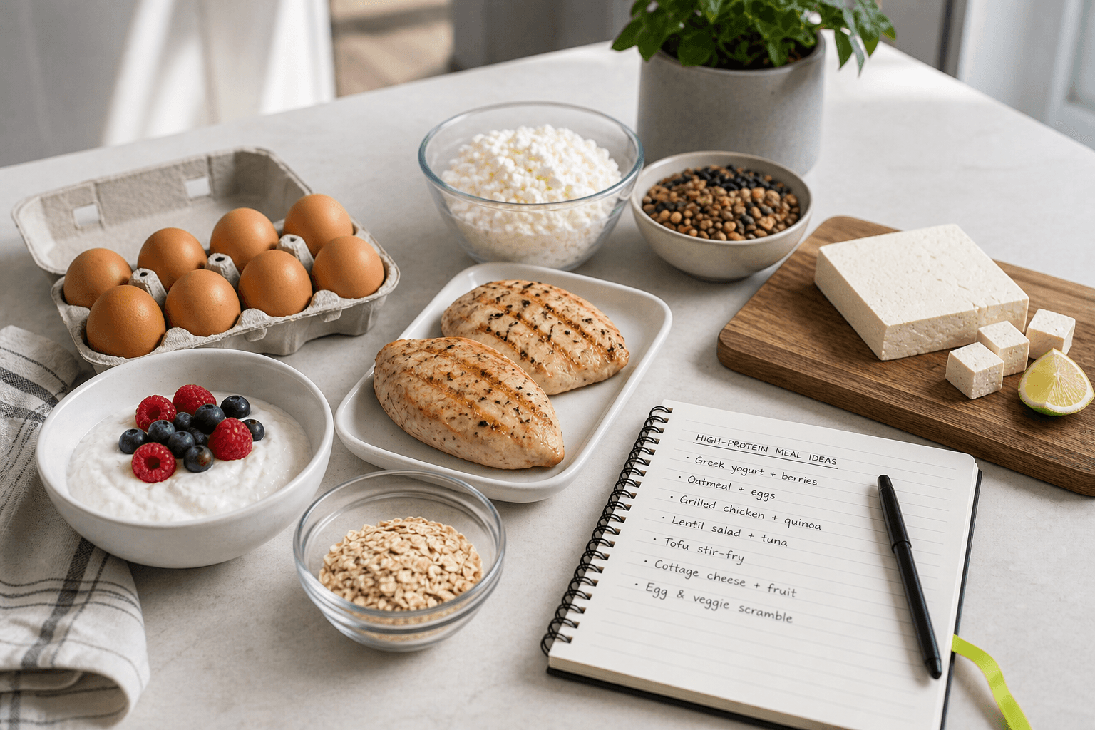 High-protein meal prep and simple nutrition notes on a bright kitchen counter.