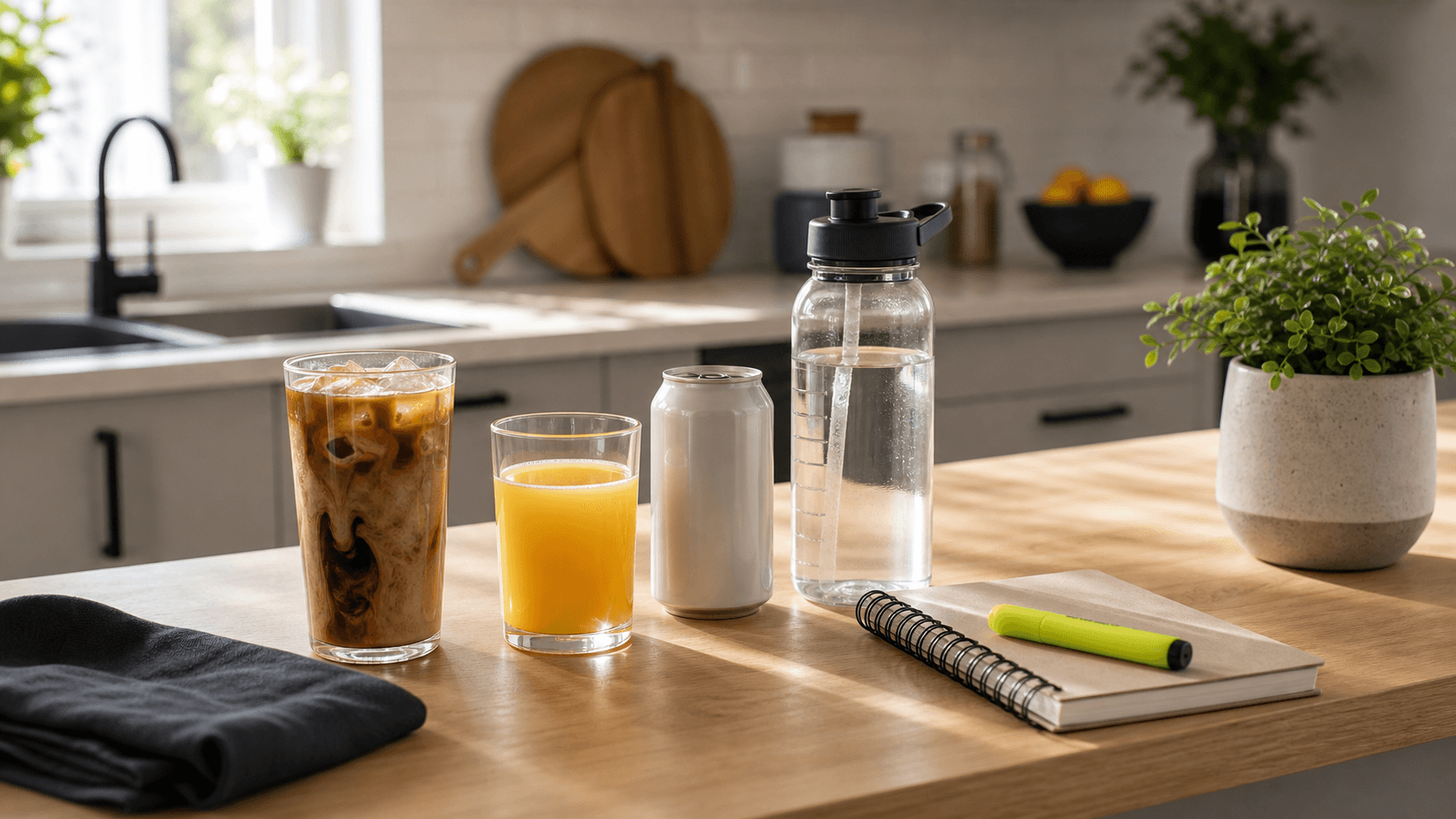 Coffee drink, juice, water, and notes on a kitchen counter for reviewing liquid calories.
