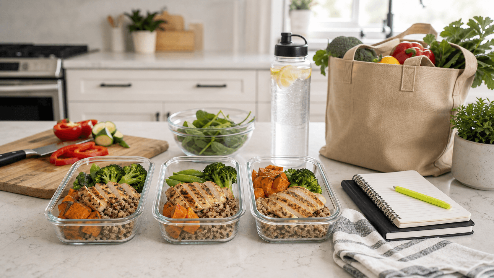 Prepared meals, vegetables, grocery bag, and planning notebook on a bright kitchen counter.