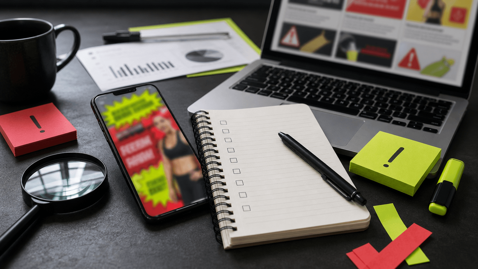 Desk with blurred weight-loss ad, warning notes, magnifying glass, and checklist notebook.