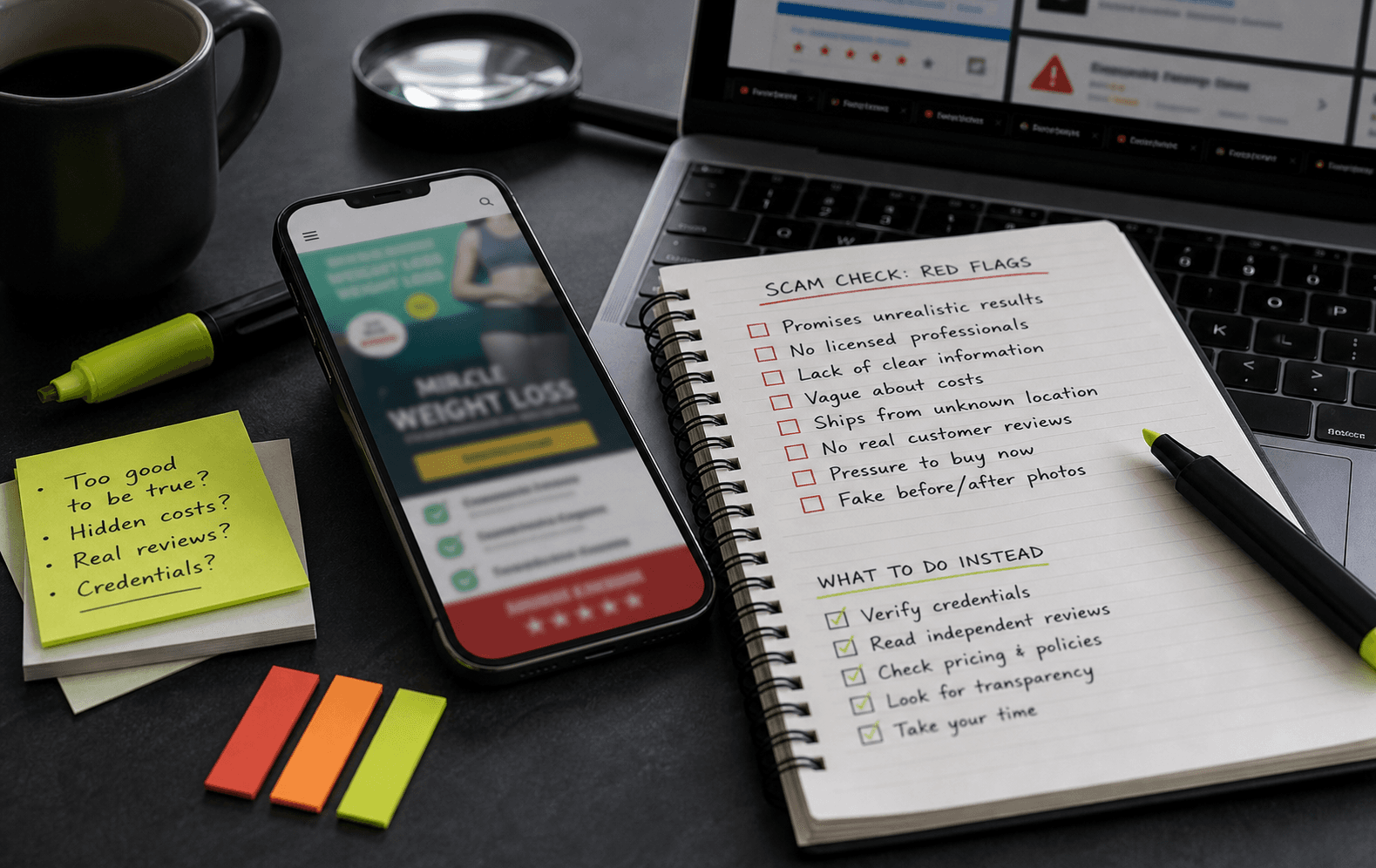 Phone, checklist notes, and research tools for checking online GLP-1 weight-loss claims.
